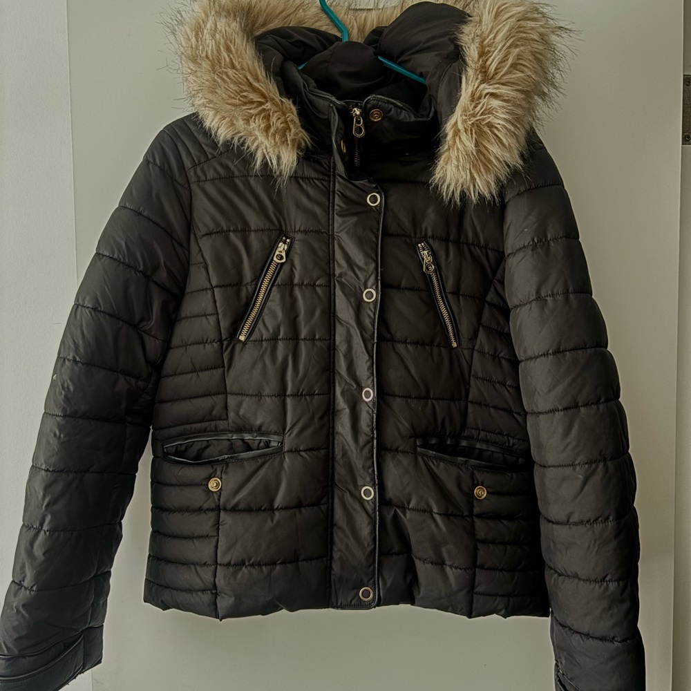 Zara Black Puffer Jacket with Removable Fur